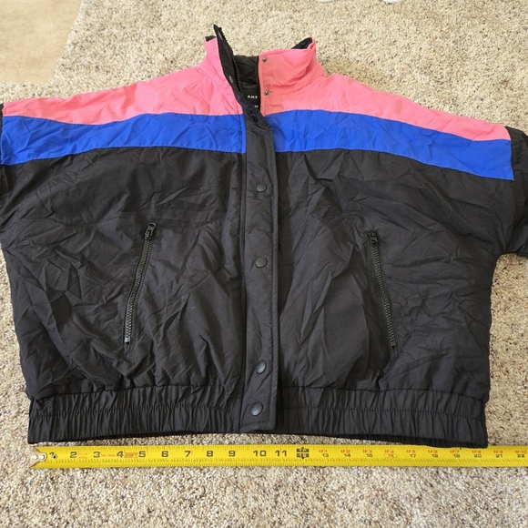 American Eagle Retro Colorblock Striped Puffer Coat Size Large Pink Blue Black - Picture 7 of 8